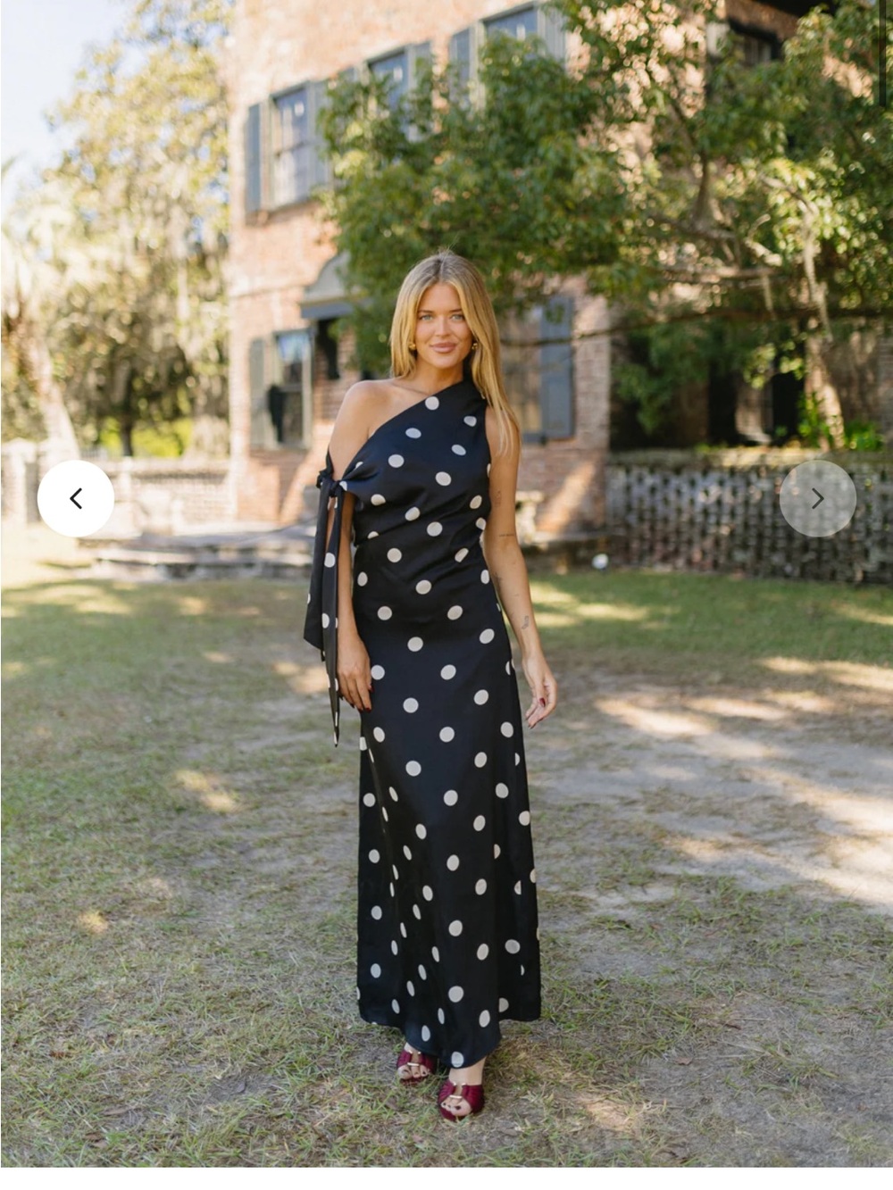 Vestique One-Shoulder Satin Black Polka Dot Maxi Dress